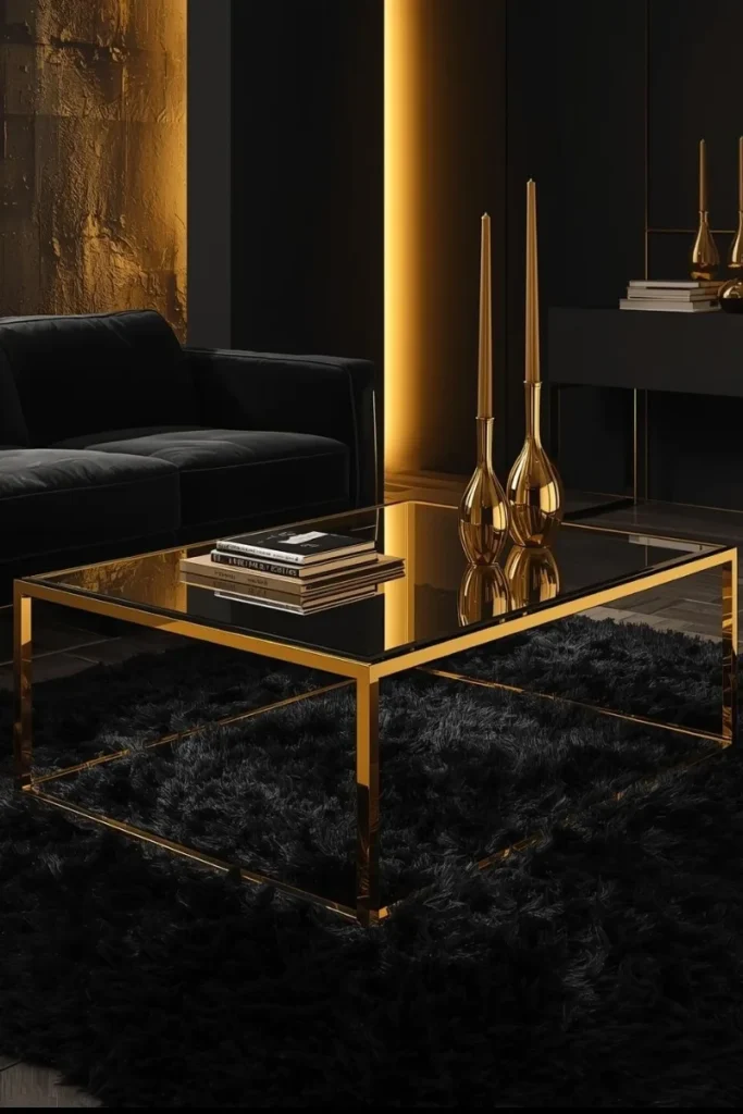 Golden Coffee Tables on Black Rugs