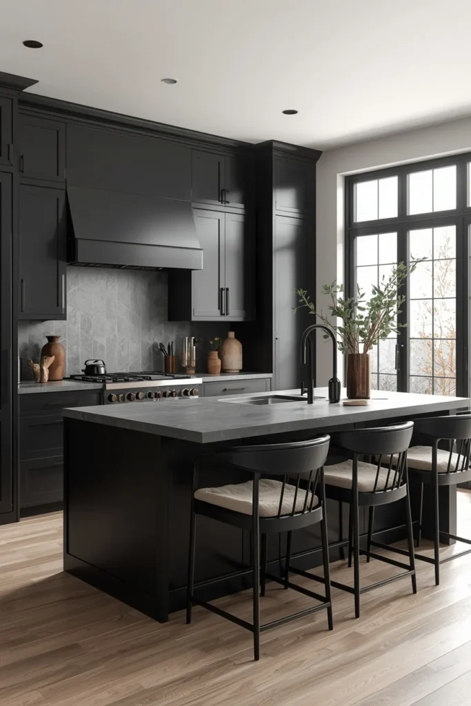 Black Kitchen Island Seating with Cushioned Chairs