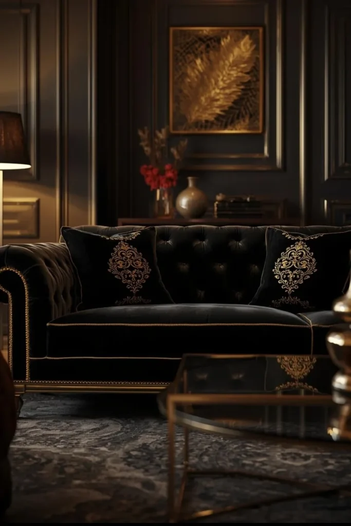 Luxurious Black Sofa with Golden Accents