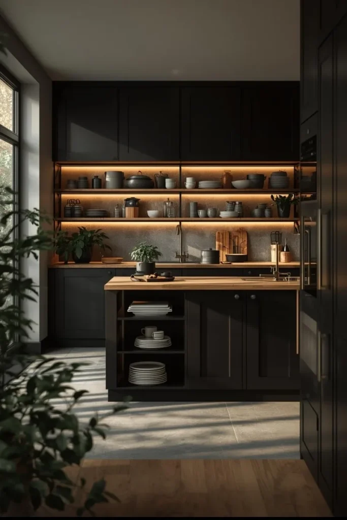 . Black with Wood Accents for Warmth