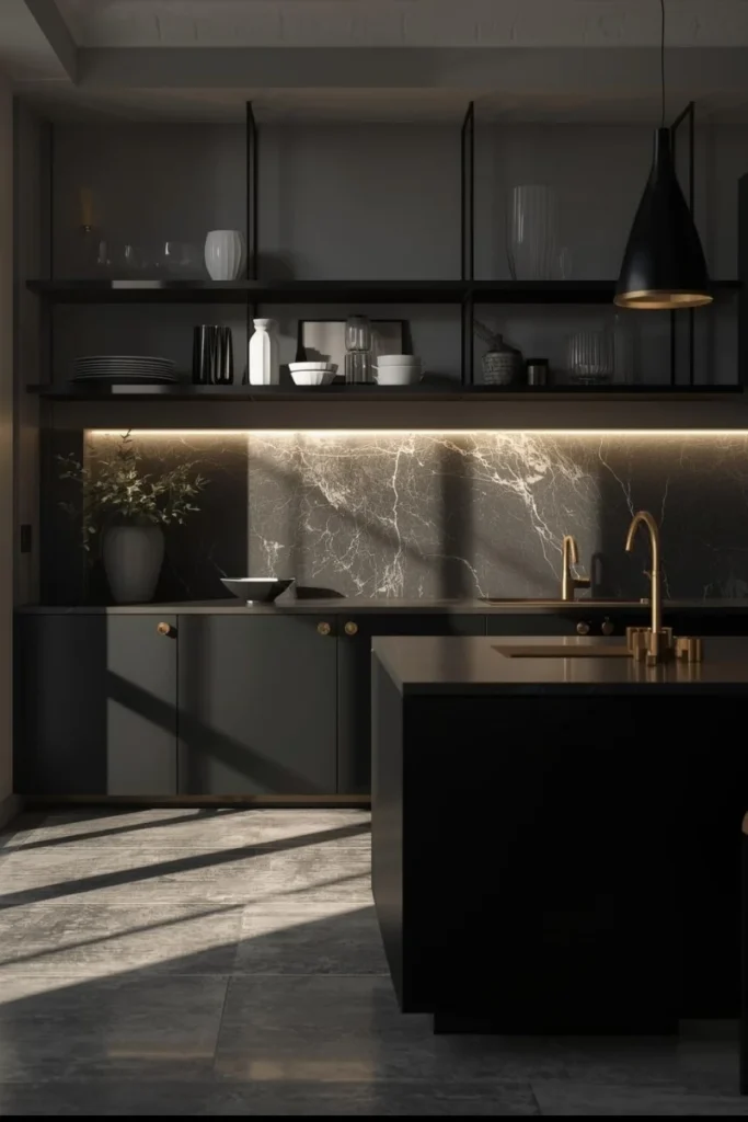 Black Open Shelving for a Modern Edge
