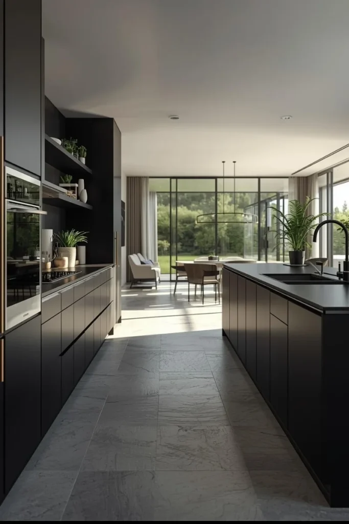 Black Open Concept Kitchen for Spacious Feel