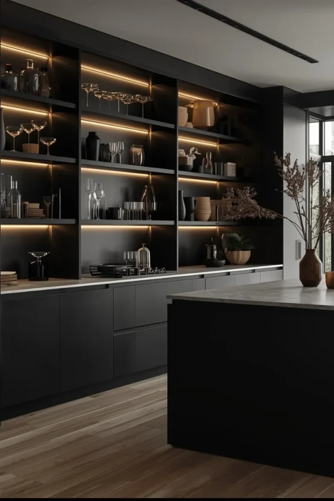 Black Open Shelves with Integrated Lighting