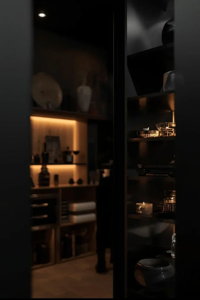 Black Open Shelving with Wooden Accents