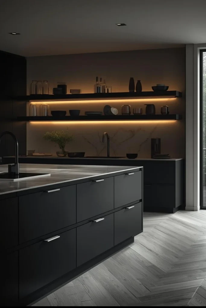 Black Floating Shelves with Integrated Lighting