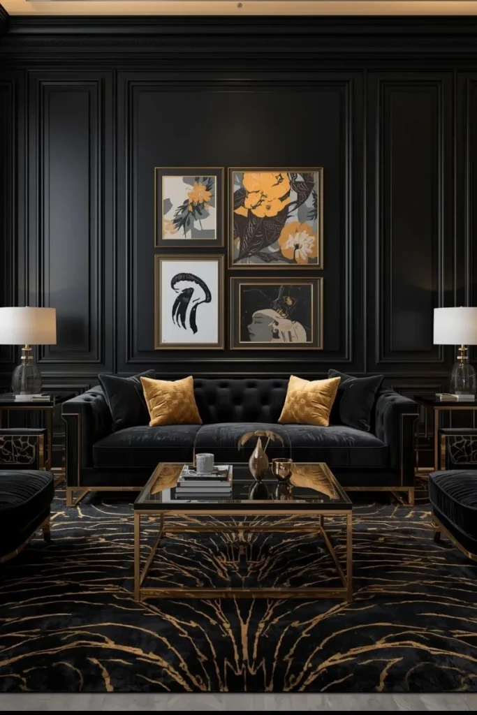Black Accent Wall with Gold Art Frames