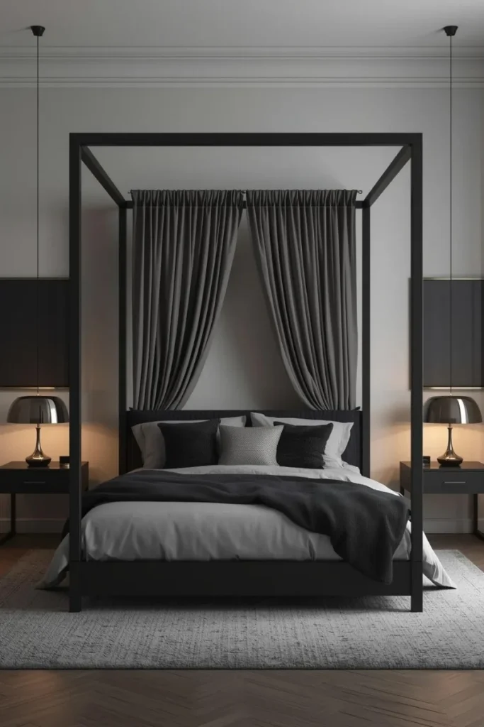 Black Canopy Bed with Grey Accents