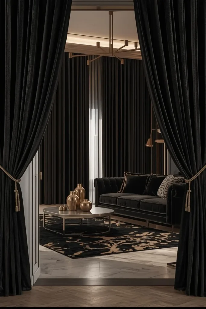 Black Curtains with Gold Tiebacks
