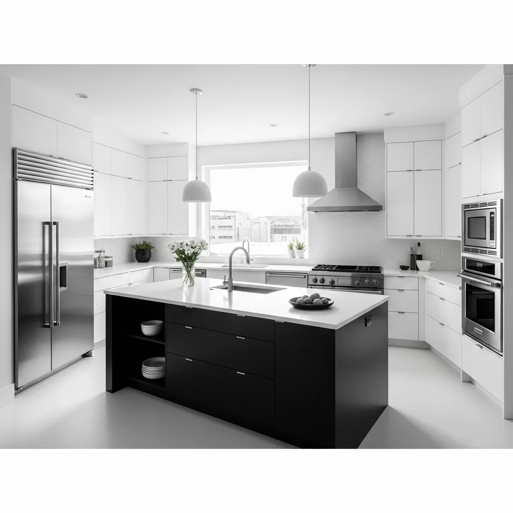 Black Island with White Cabinets
