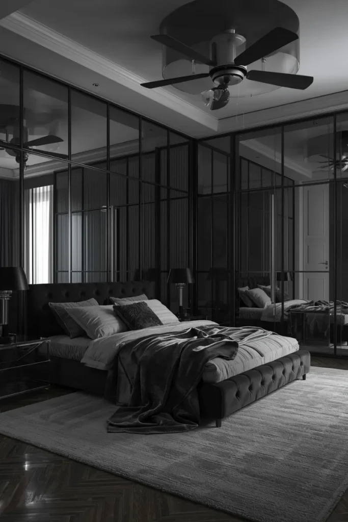 Black and Grey Bedroom with Mirrors and Glass
