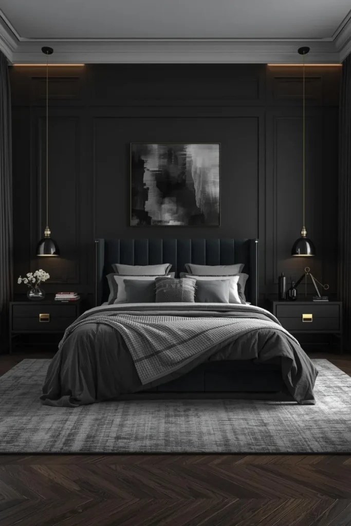 Bold Black Accent Wall with Soft Grey Bedding
