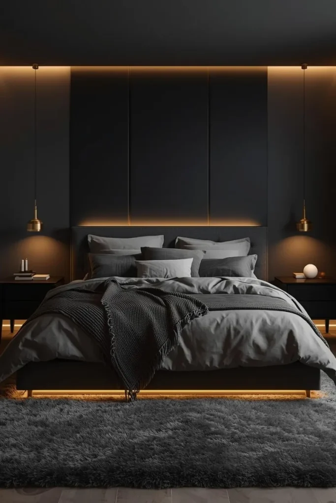Cozy Black and Grey Bedroom with Warm Lighting