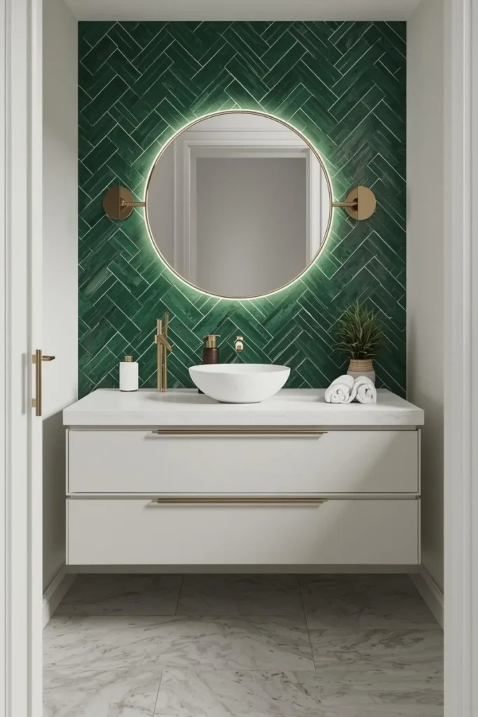 Green Herringbone Tile Accent Wall