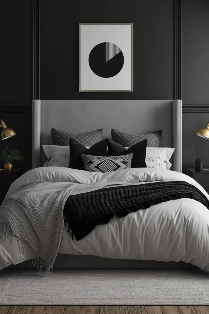 Grey Bedding with Black Throw Pillows