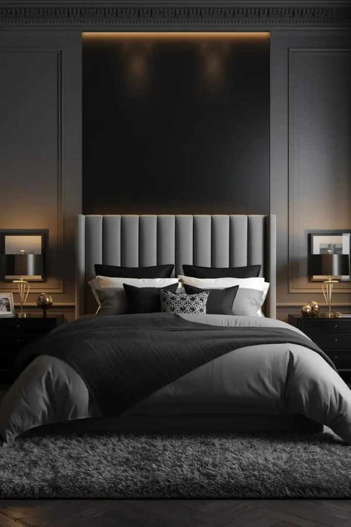 Grey Upholstered Headboard with Black Accents
