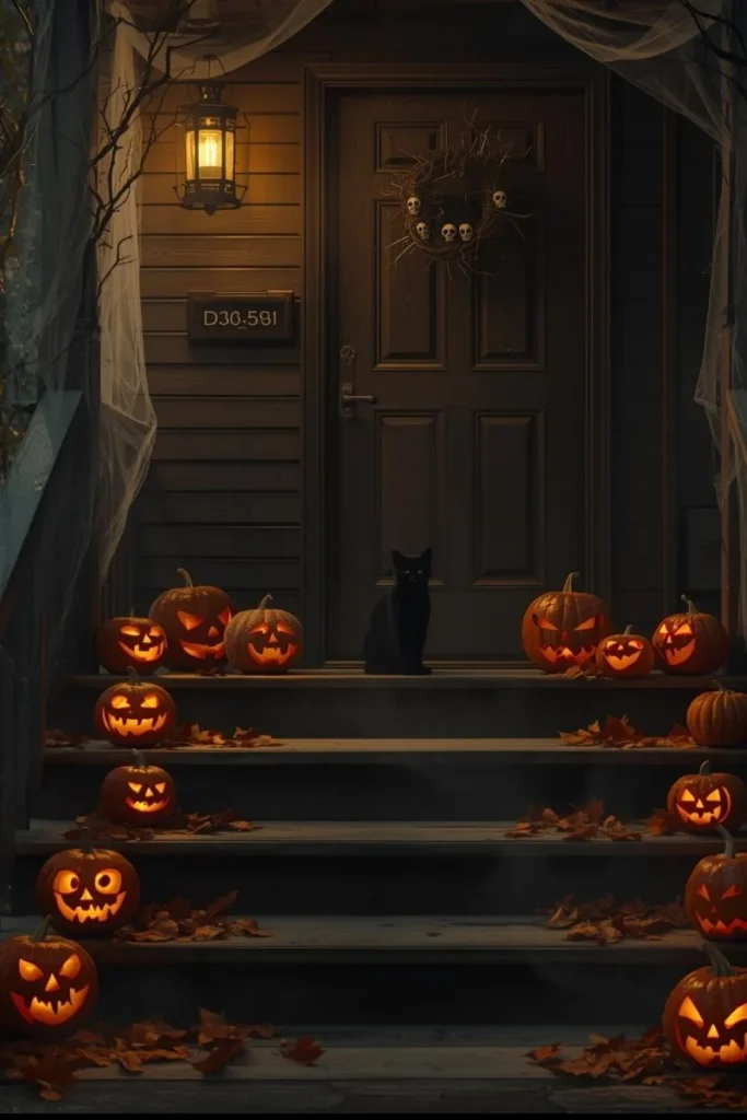 Haunted Front Porch with Pumpkins