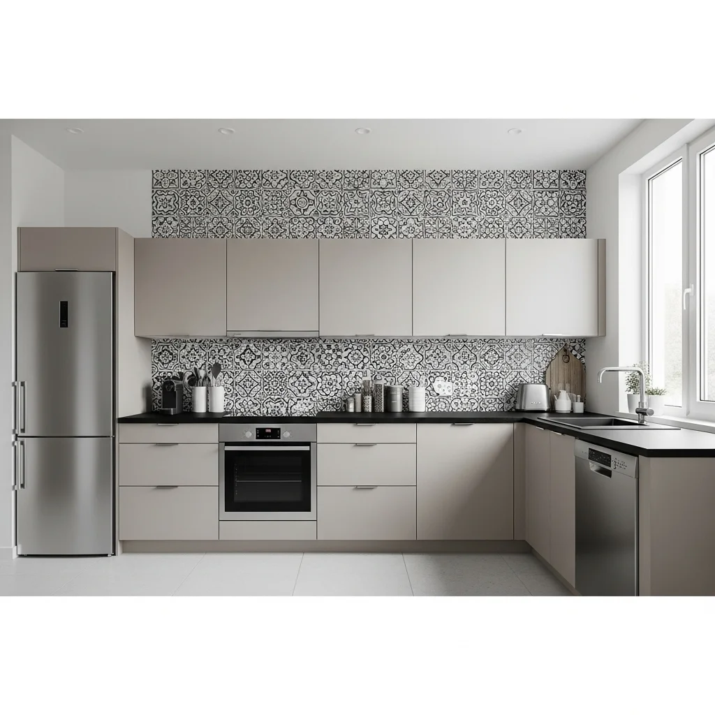  Patterned Black and White Backsplash with Neutral Cabinets