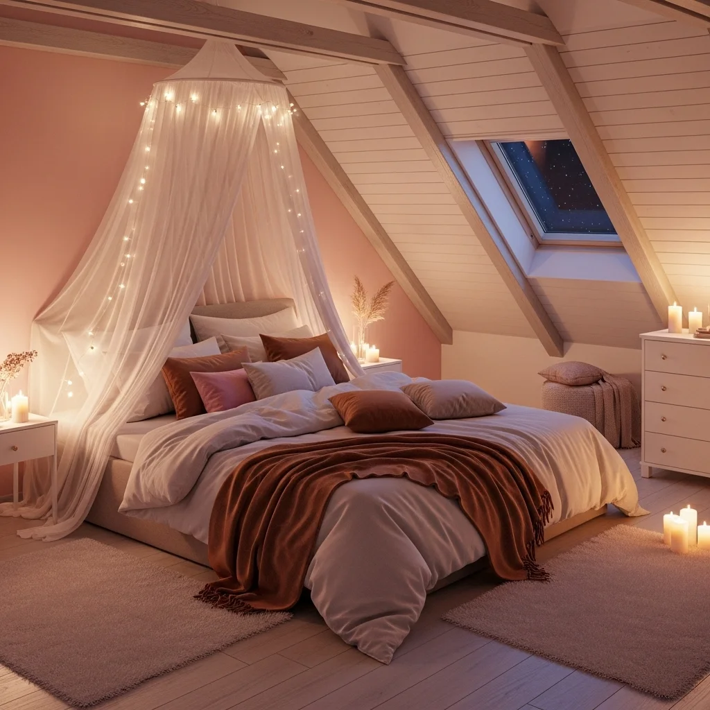 Romantic Attic Bedroom with Soft Lighting