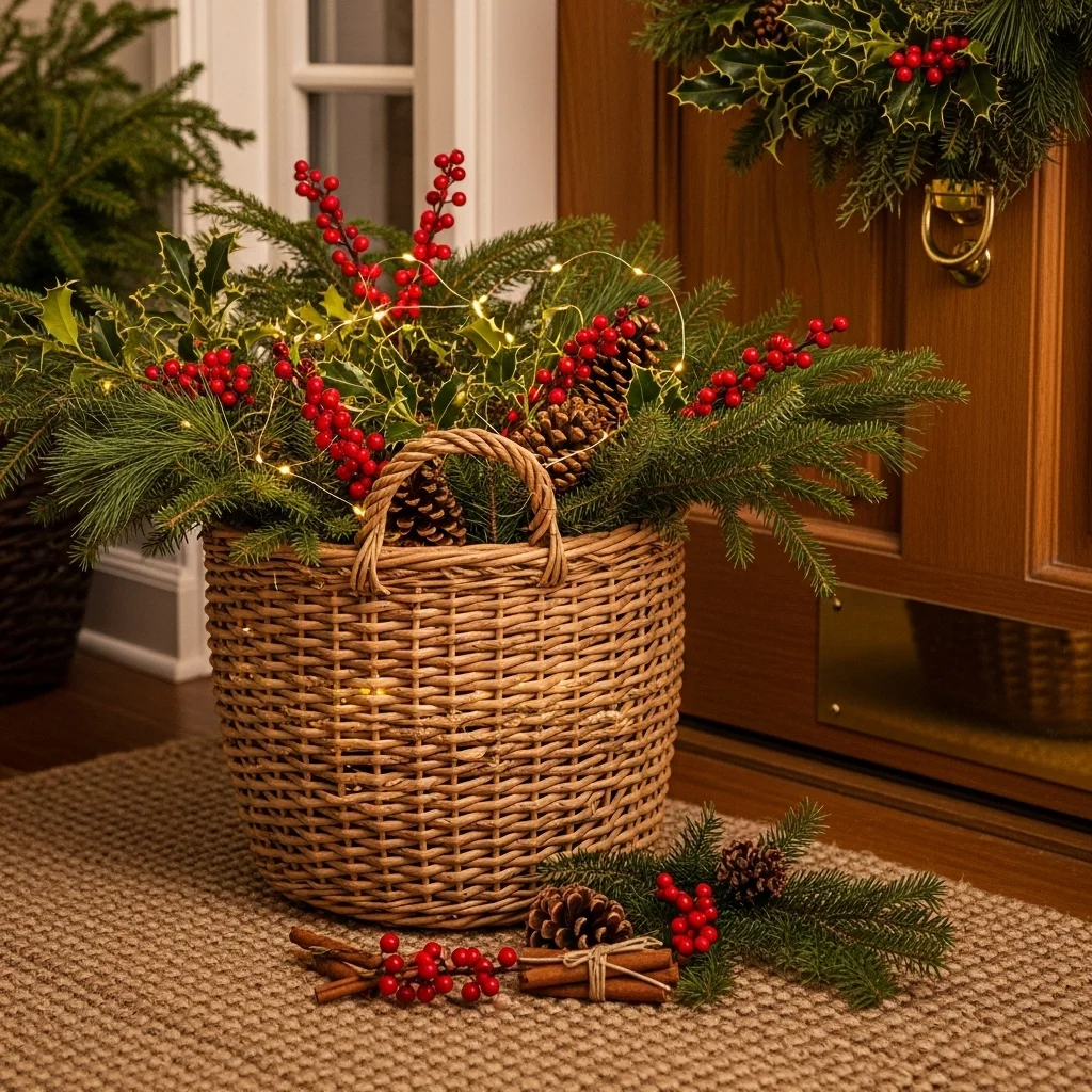  Basket of Greenery & Pinecones