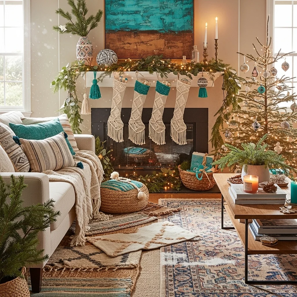 Boho Christmas Fireplace Decor