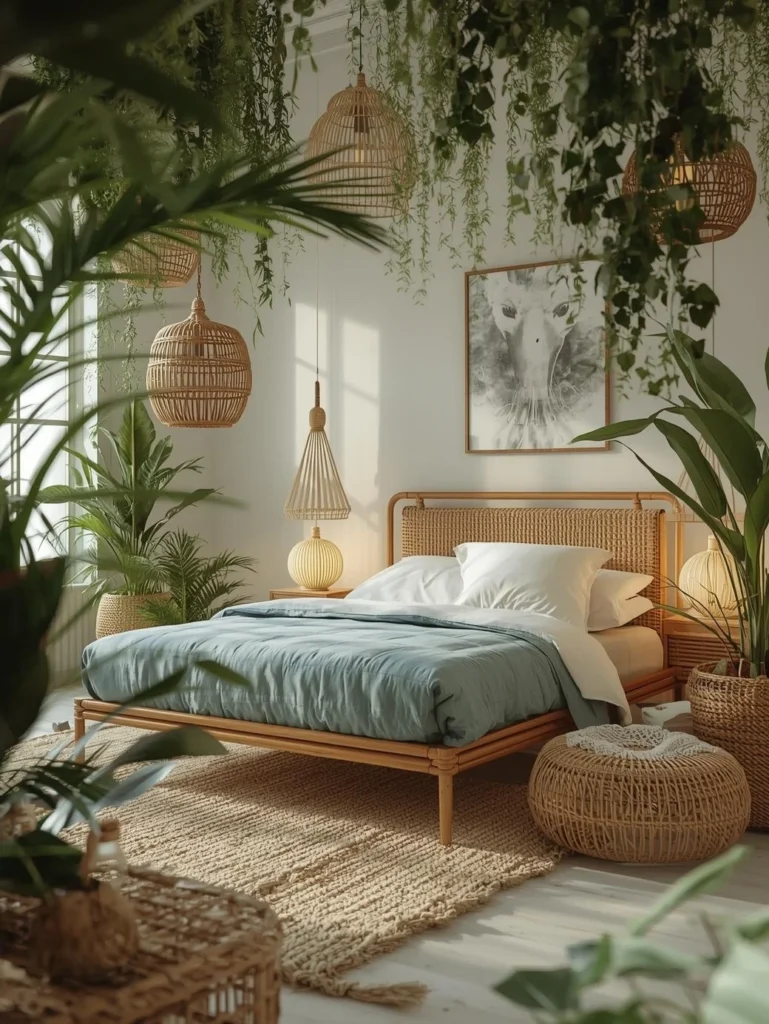 Boho Rattan Bed Frame with Blue Accents