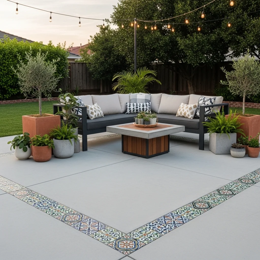 Concrete Patio with a Tiled Border