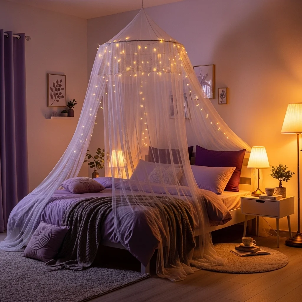 . Fairy Light Canopy Over the Bed