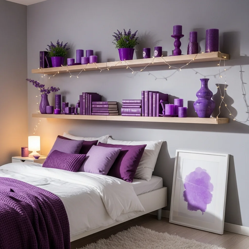 Floating Shelves with Purple Decor and Lights