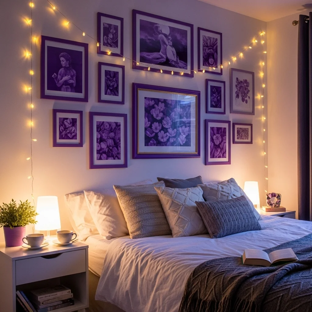  Gallery Wall with Purple Frames and String Lights