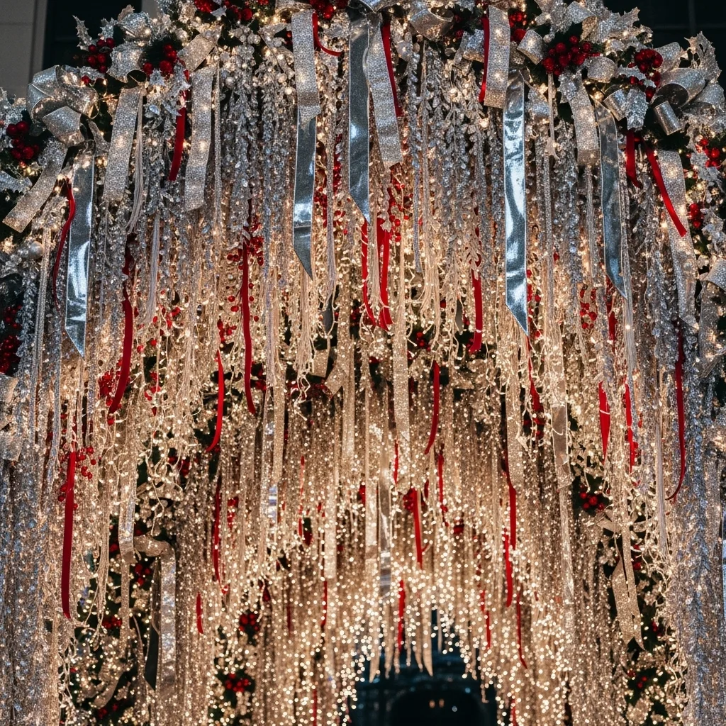  Glam Archway with Glittering Silver Ribbon Cascades