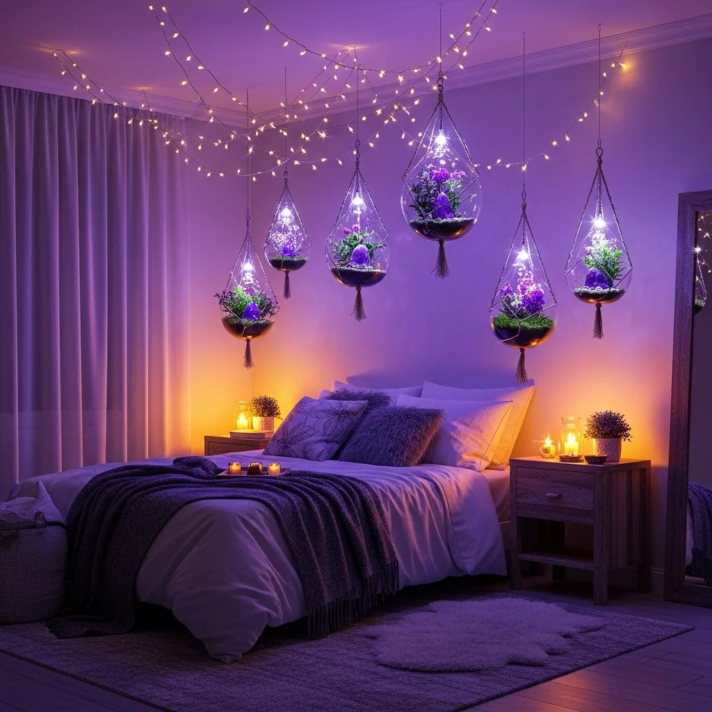 . Hanging Terrariums with Purple Accents and String Lights