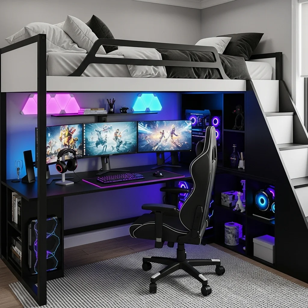 Loft Bed with Gaming or Entertainment Setup