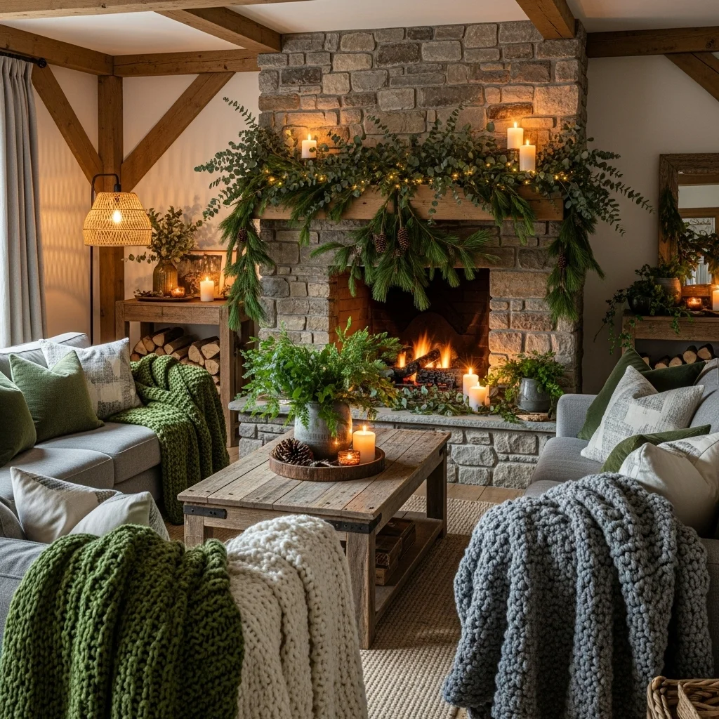  Natural Stone Fireplace with Greenery