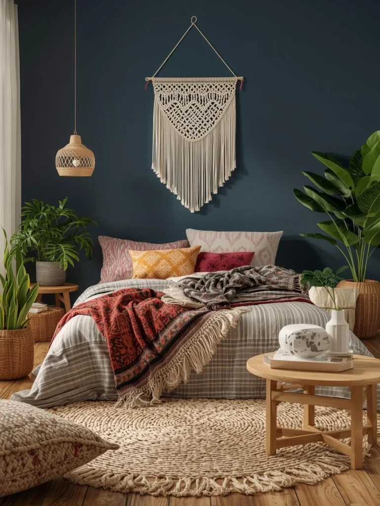 Navy Blue Accent Wall with Boho Textiles
