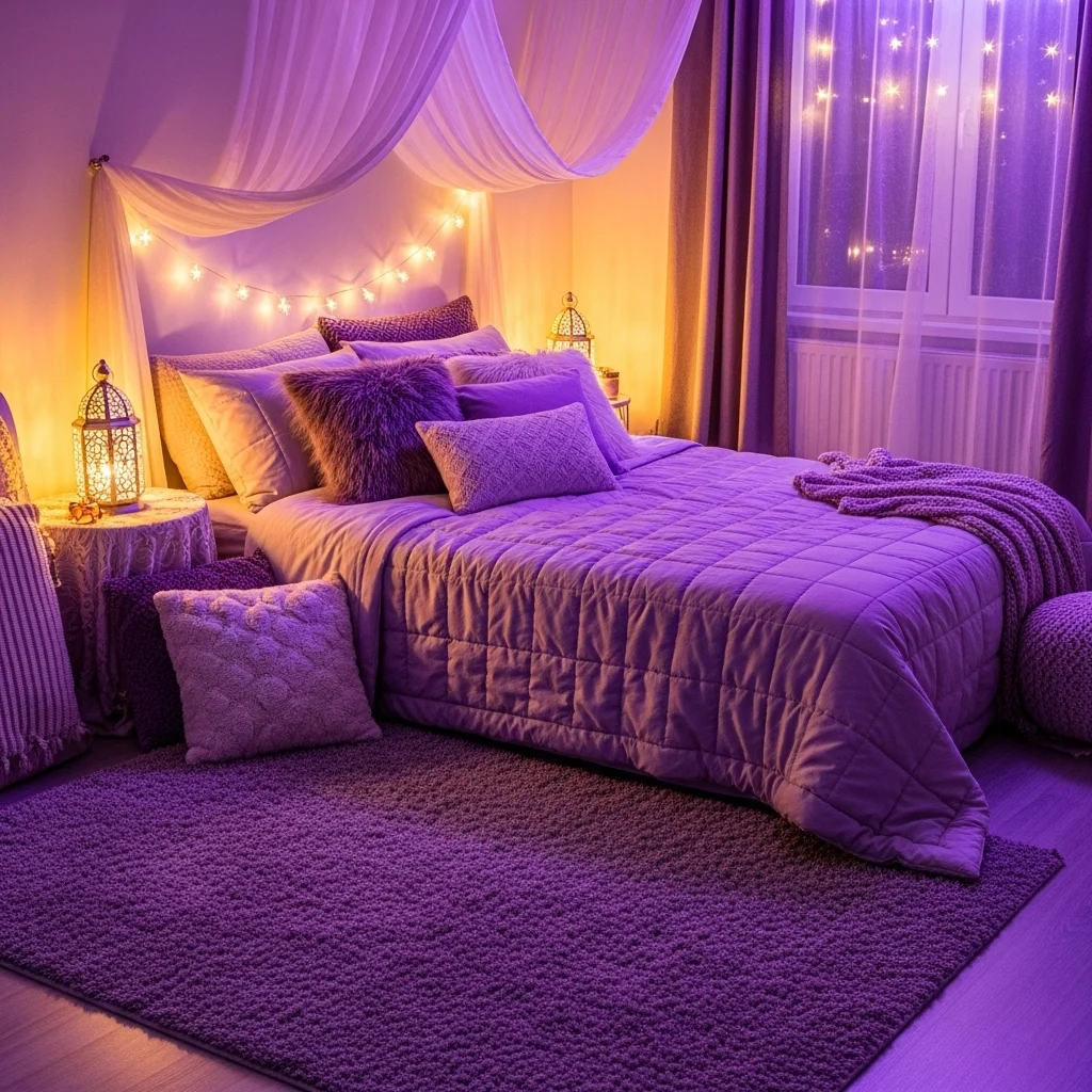  Plush Purple Area Rug with Ambient Lighting
