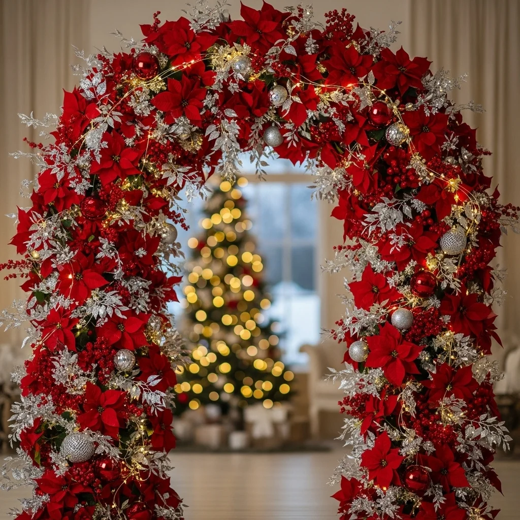  Red Poinsettia Clusters with Silver Leaf Sprays