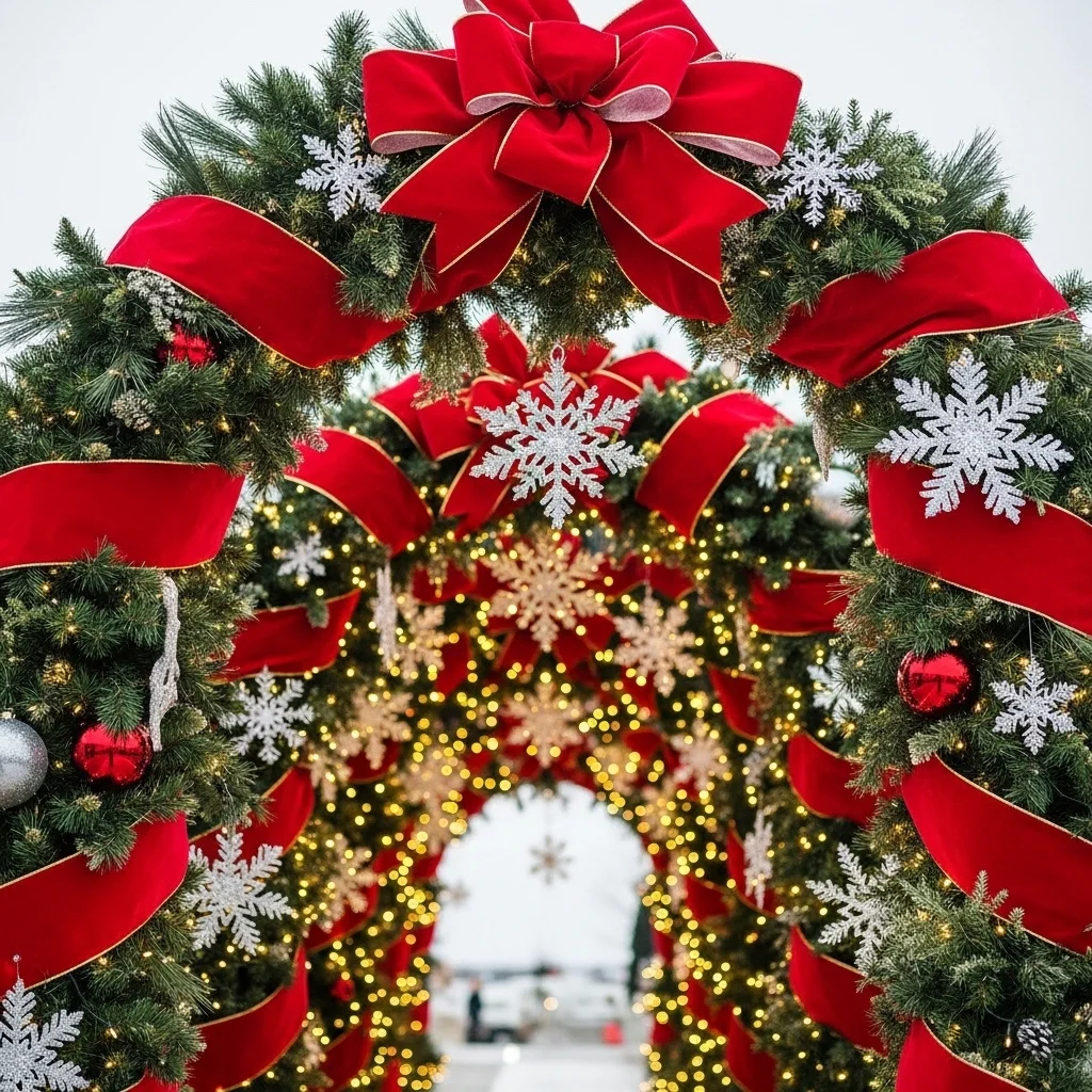 Red Ribbon Weaving with Silver Snowflake Accents