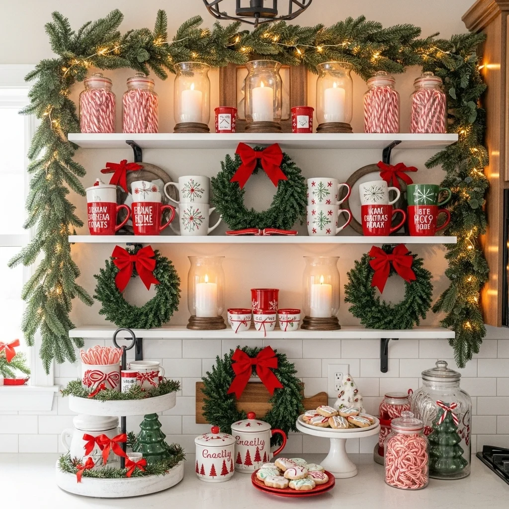 Red and Green Accents on Open Shelves