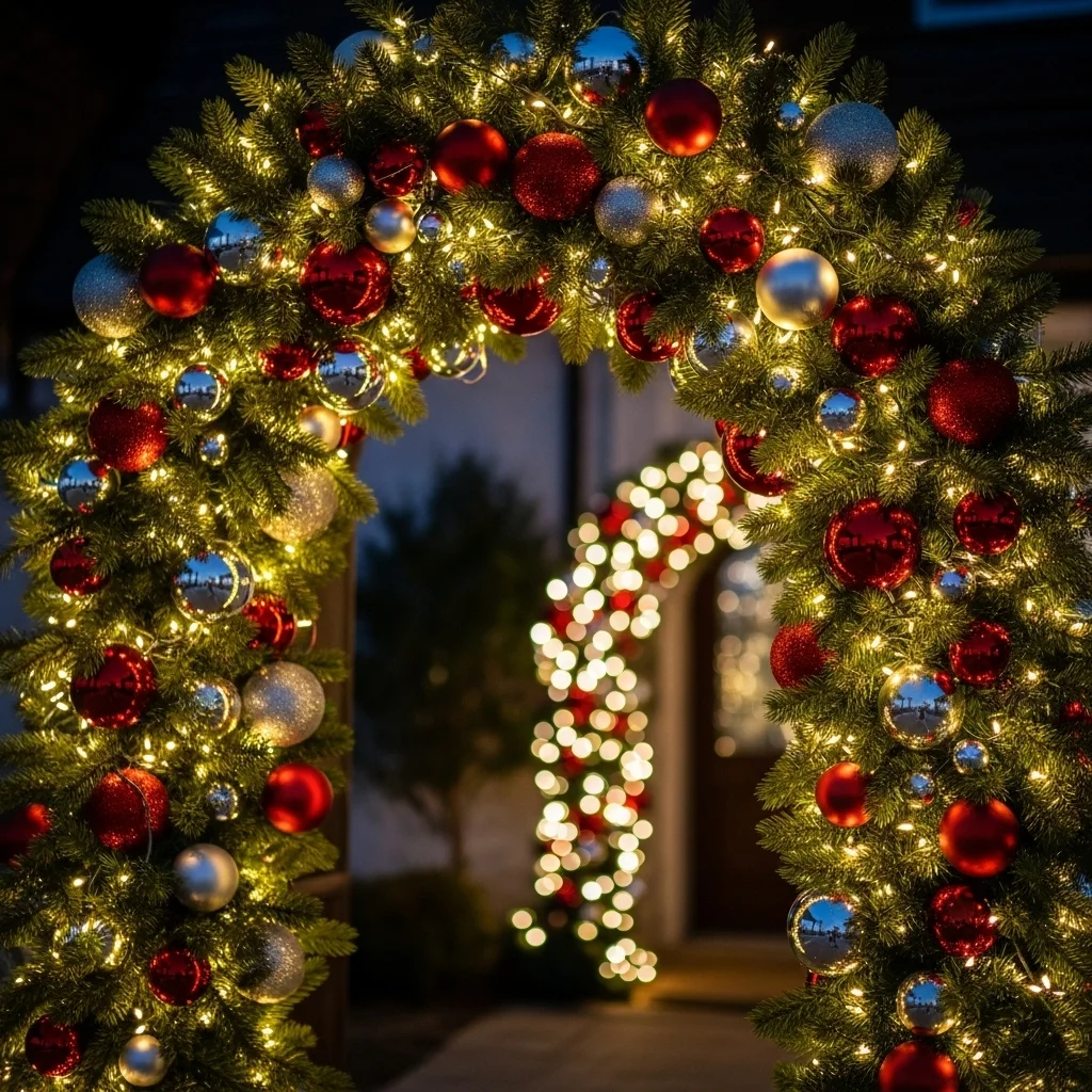  Red and Silver Ball Garland Wrapped Around Evergreen