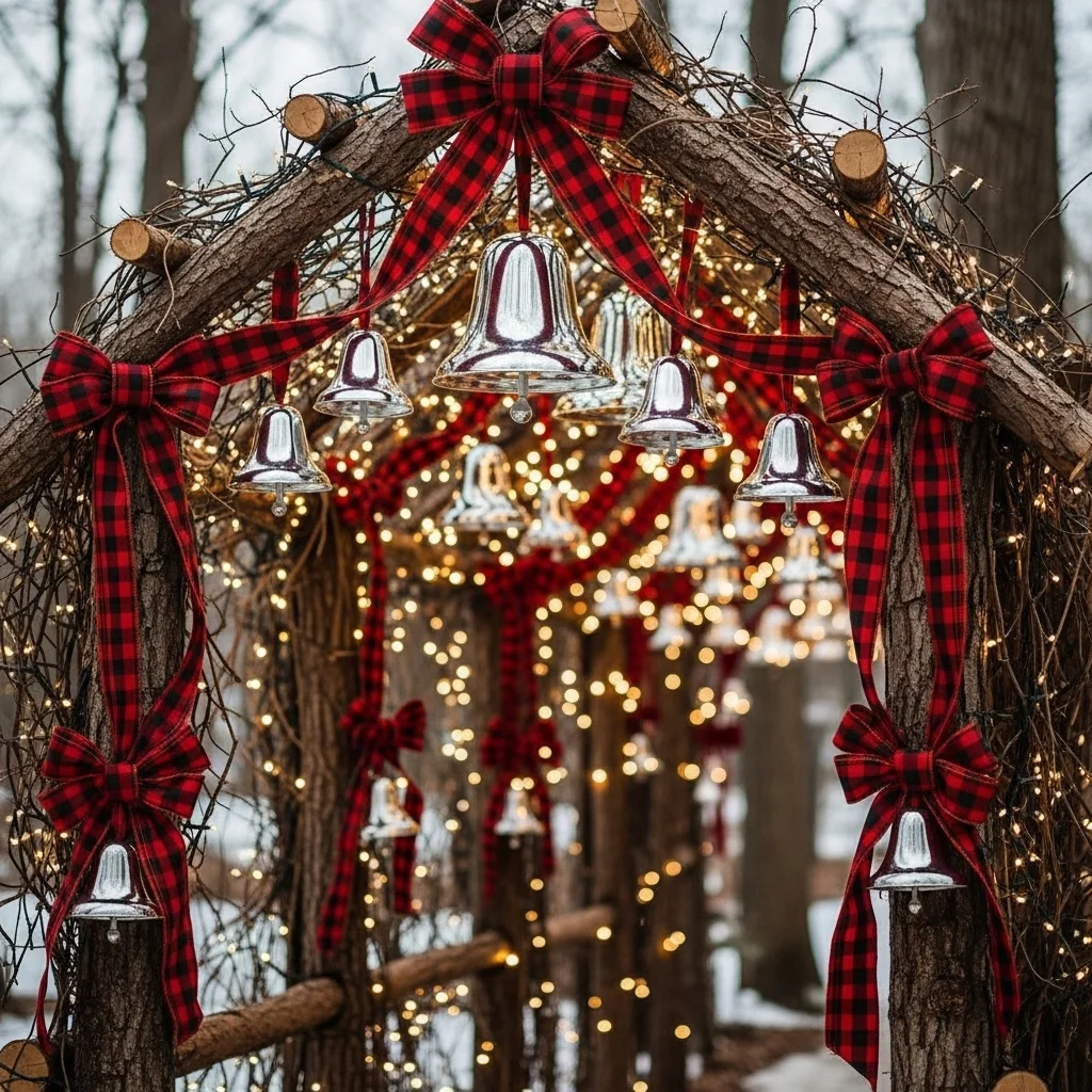 Rustic Woodland Arch with Silver Bells and Red Plaid