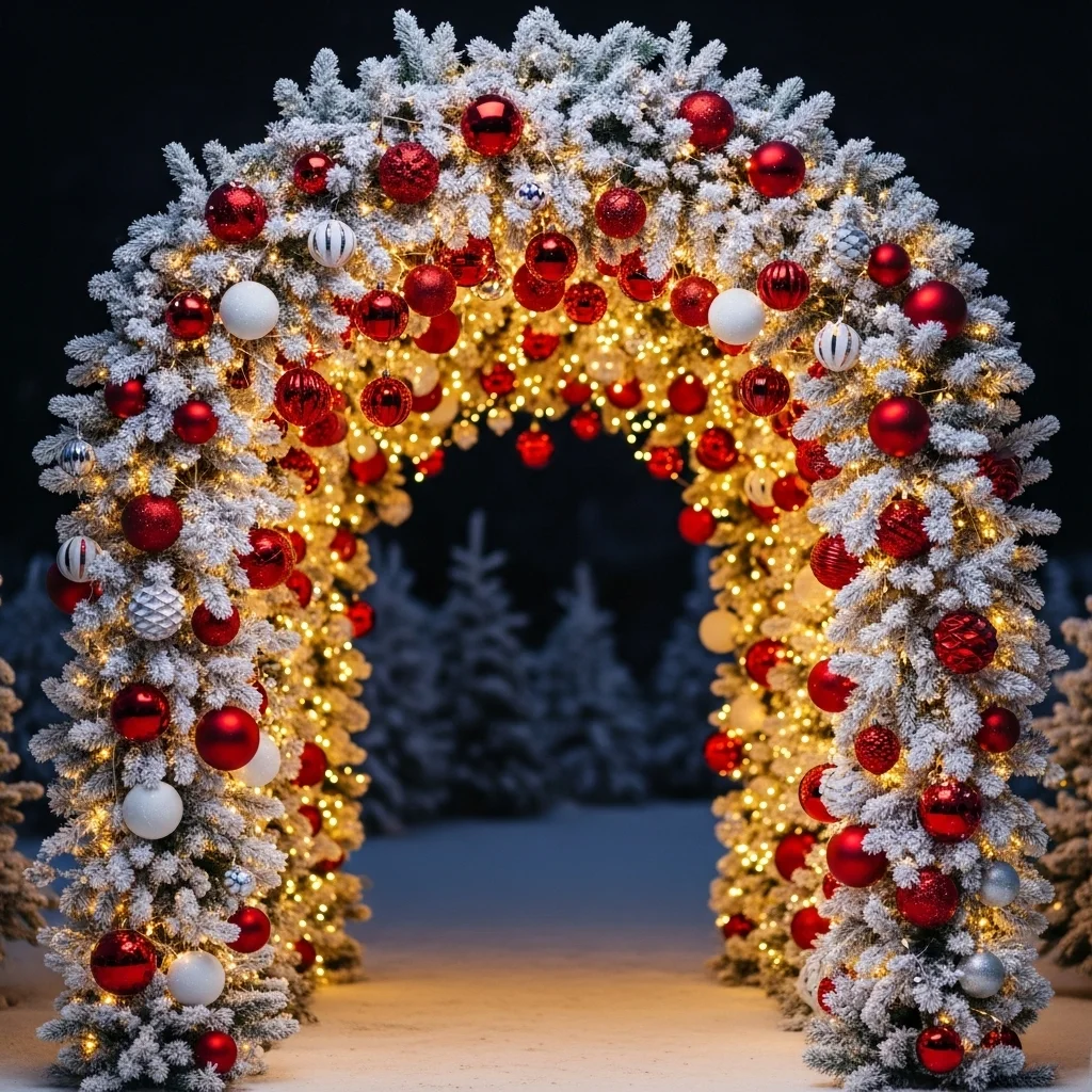 Snowy Garland Arch with Red Ornament Drops