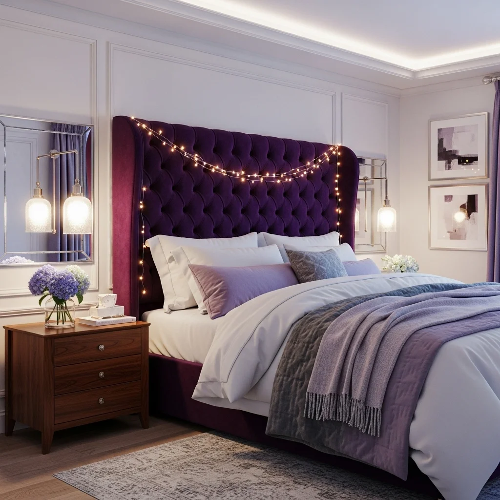 Statement Headboard with Purple Upholstery and Lights
