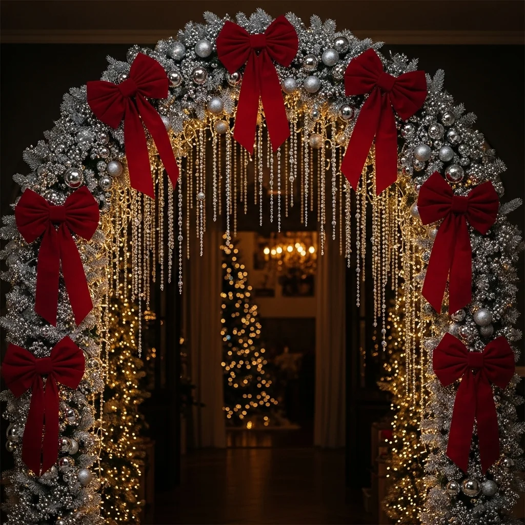 Velvet Red Bows with Silver Bead Garlands