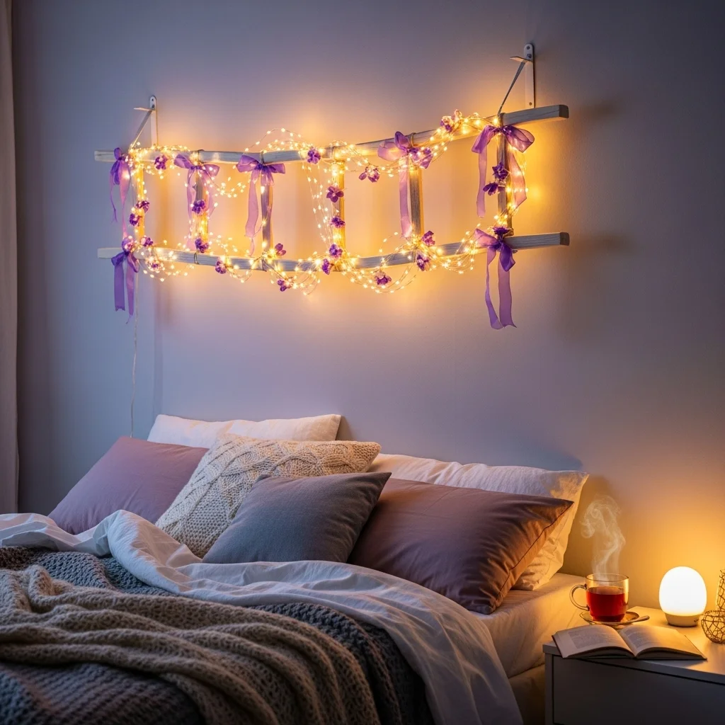 Wall-Mounted Fairy Light Ladder with Purple Accents