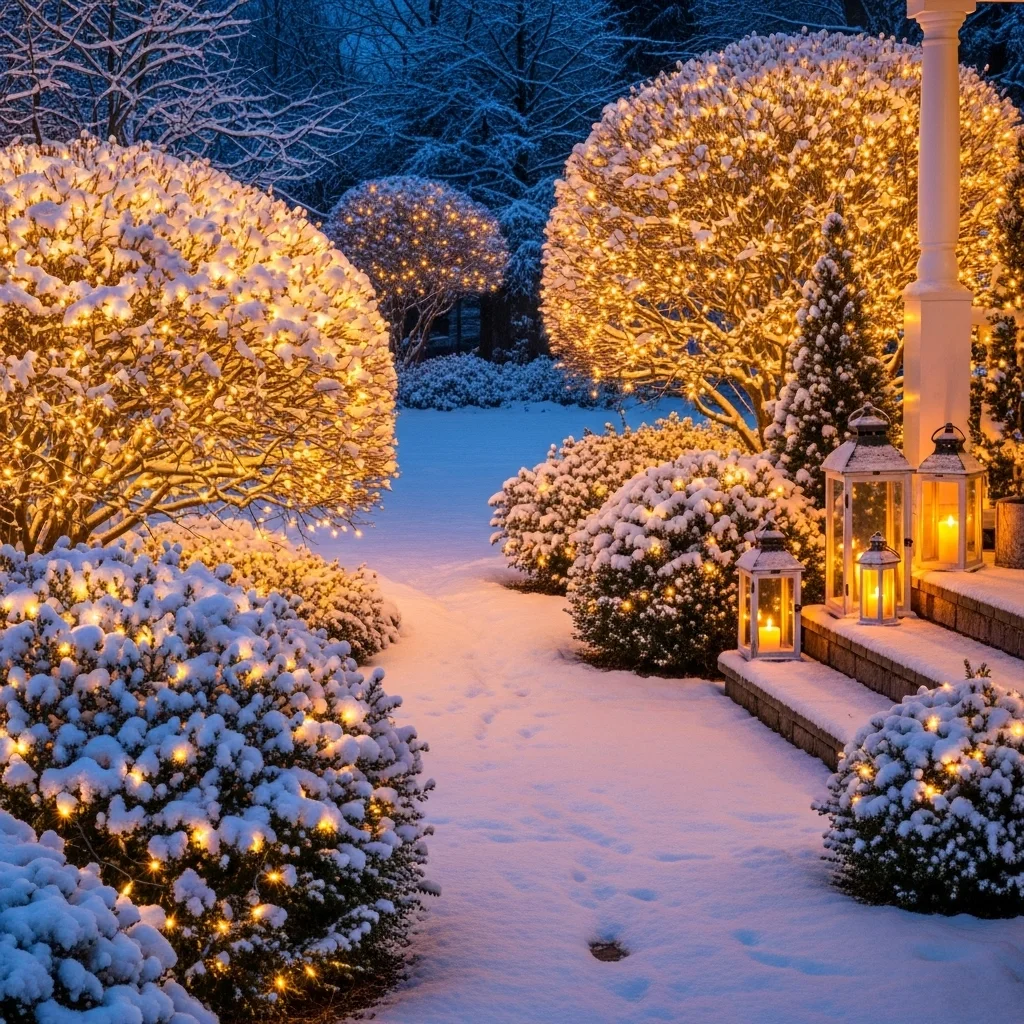 Warm White Lights on Shrubs and Bushes