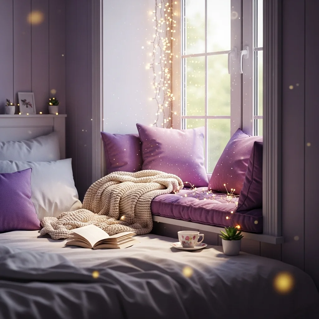  Window Nook with Purple Cushions and Fairy Lights