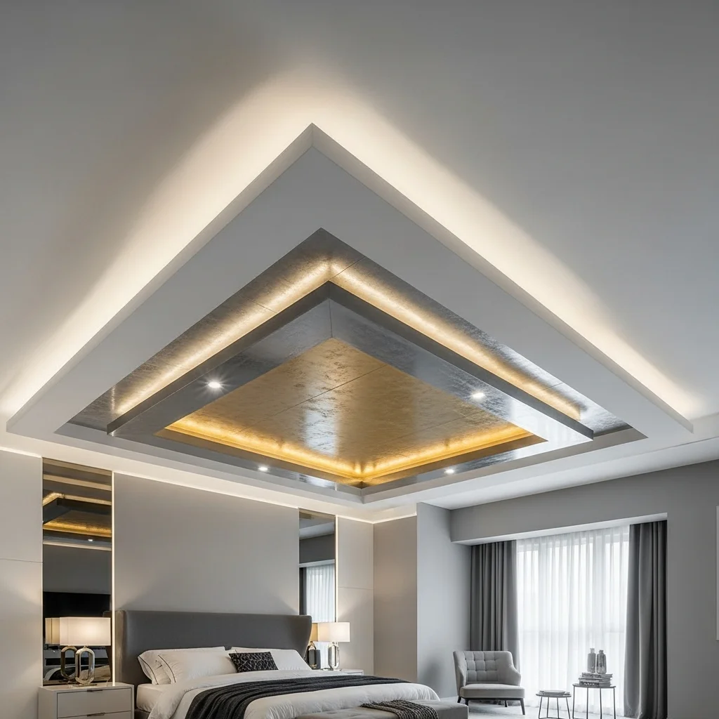  3D Layered Ceiling with Contrasting Finishes