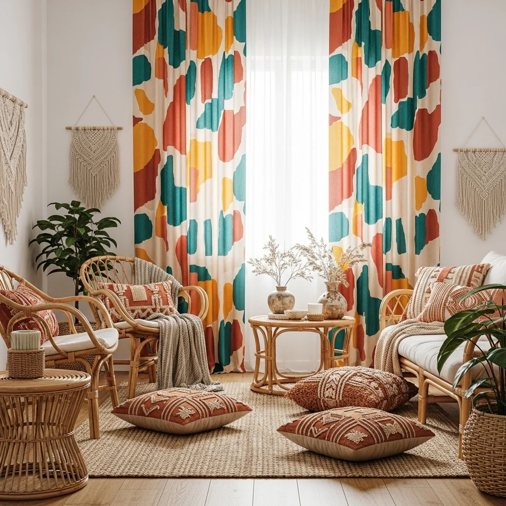 . Abstract Patterned Curtains with Natural Fiber Furniture