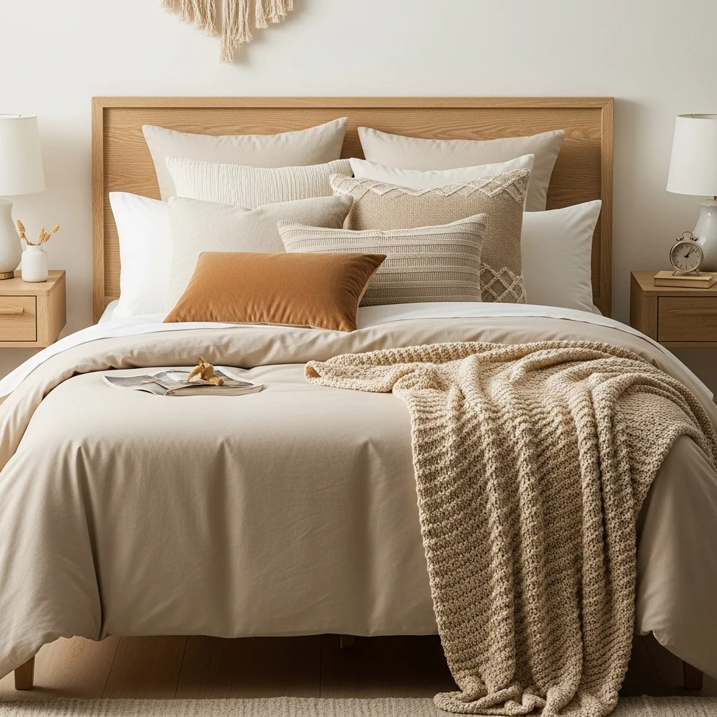  Add Beige Bedding With Layered Throw Pillows