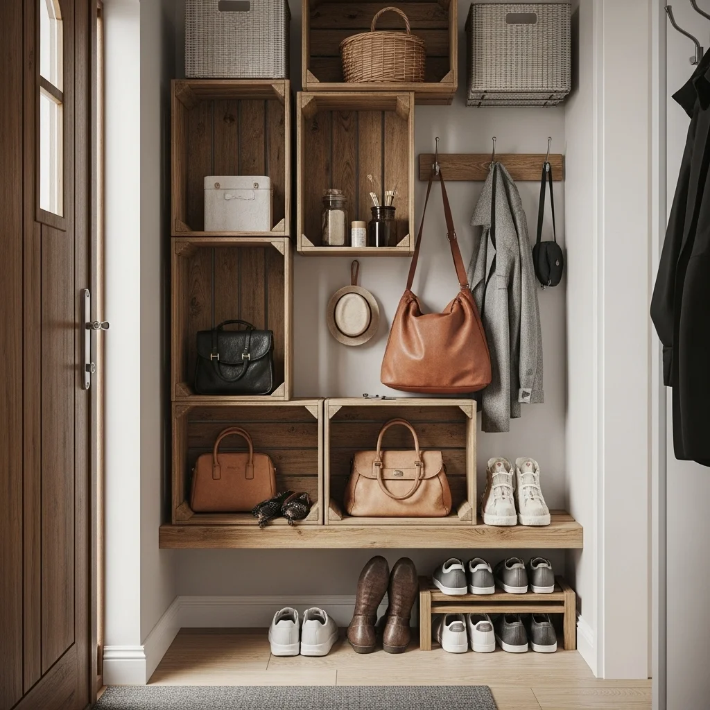 Add IKEA KNAGGLIG Wooden Crates for Rustic Storage